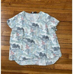 Tahari 100% Linen Floral Blouse Top Women’s Plus Size 1X Short Sleeve Scoop Neck